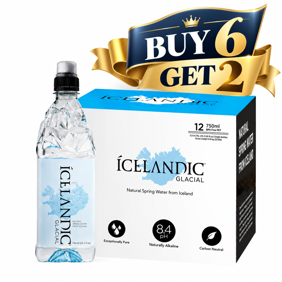 Icelandic Natural Mineral Water 96 X 750 ML - Plastic - Sports Cap - Expiry by Feb 2027 - Stock Liquidation - Offer Buy 6 Get 2 Free